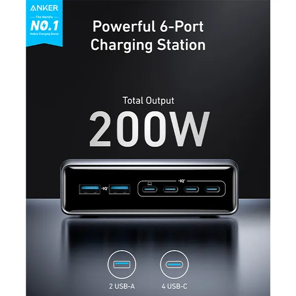 עמדת טעינה עוצמתית 6 יציאות Anker Prime Charger 200W 6 Ports GaN A2683 - תמונה נוספת