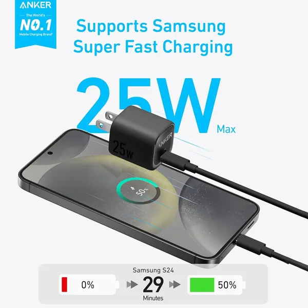 מטען קיר קומפקטי Anker USB-C Wall Charger 25W בצבע שחור - תמונה נוספת