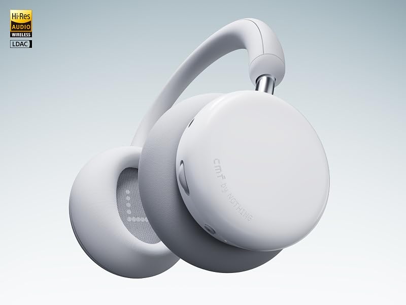 White wireless earbuds shown from multiple angles against light blue gradient background, displaying product design details.