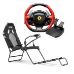 באנדל הגה Ferrari 458 Spider מבית Thrustmaster ומושב GTLite Carbon Grey מבית הבא Level Racing