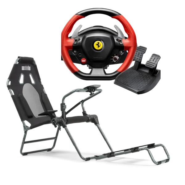 באנדל הגה Ferrari 458 Spider מבית Thrustmaster ומושב GTLite Carbon Grey מבית Next Level Racing