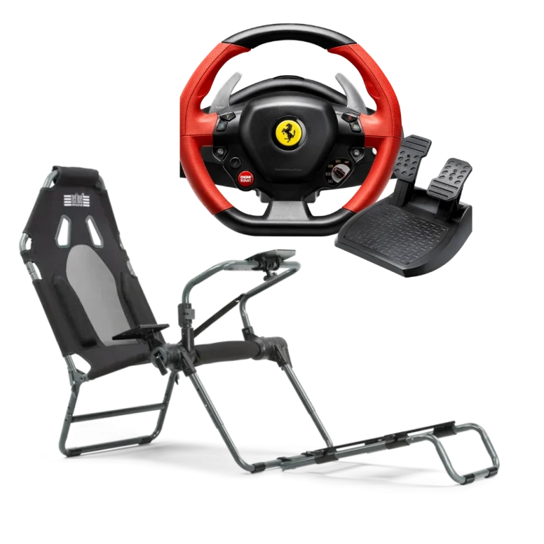 באנדל הגה Ferrari 458 Spider מבית Thrustmaster ומושב GTLite Carbon Grey מבית הבא Level Racing