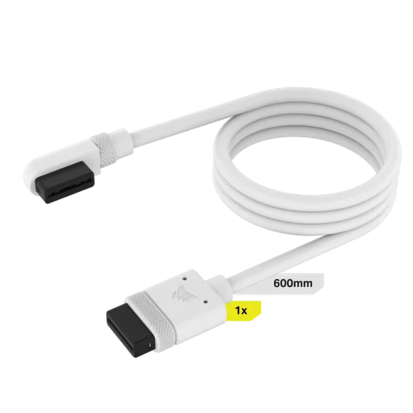 כבל CORSAIR iCUE LINK – כבל יחיד באורך 600 מ״מ עם חיבור ישר וחיבור זווית 90°, צבע לבן