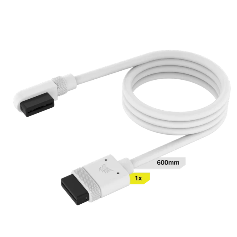 כבל CORSAIR iCUE LINK – כבל יחיד באורך 600 מ״מ עם חיבור ישר וחיבור זווית 90°, צבע לבן