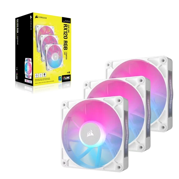 סט מאווררים CORSAIR iCUE LINK RX120 RGB – שלישיית מאווררי 120 מ"מ PWM בצבע לבן