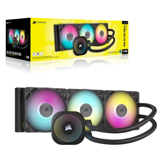 קירור נוזלי למעבד CORSAIR iCUE LINK TITAN 360 RX RGB כולל שלישיית מאווררי RX120 ותאורת RGB – שחור