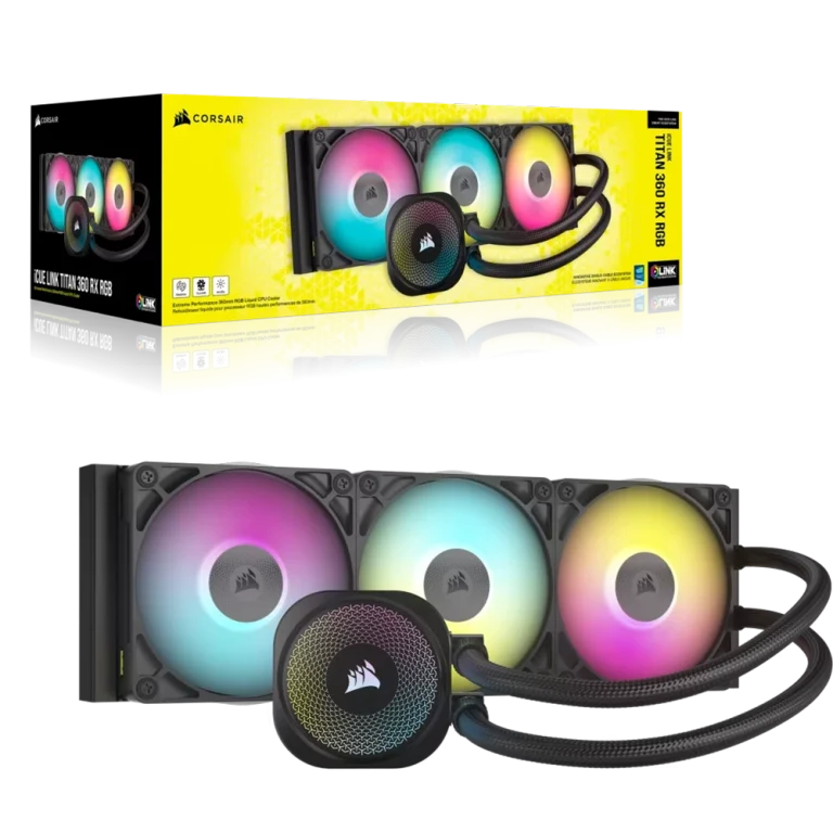 קירור נוזלי למעבד CORSAIR iCUE LINK TITAN 360 RX RGB כולל שלישיית מאווררי RX120 ותאורת RGB – שחור