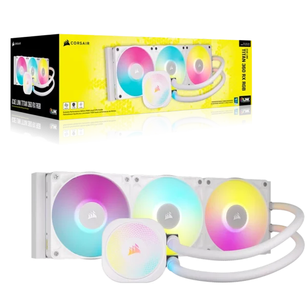 קירור נוזלי למעבד CORSAIR iCUE LINK TITAN 360 RX RGB כולל שלישיית מאווררי RX120 ותאורת RGB – לבן