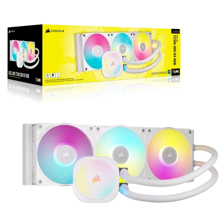 קירור נוזלי למעבד CORSAIR iCUE LINK TITAN 360 RX RGB כולל שלישיית מאווררי RX120 ותאורת RGB – לבן
