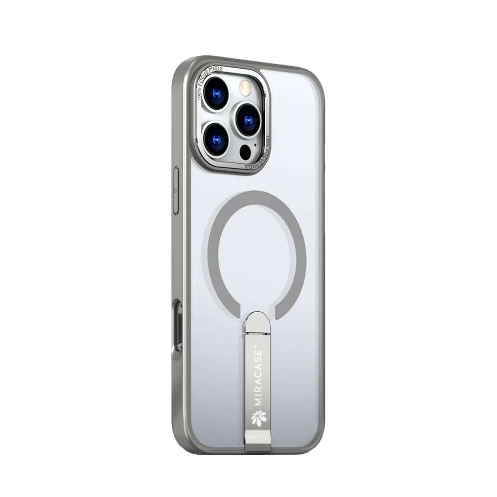 כיסוי MAGSAFE ל-iPhone 16 Pro בצבע אפור דגם MIRASTAND מבית Miracase כיסוי MAGSAFE ל-iPhone 16 Pro בצבע אפור דגם MIRASTAND מבית Miracase