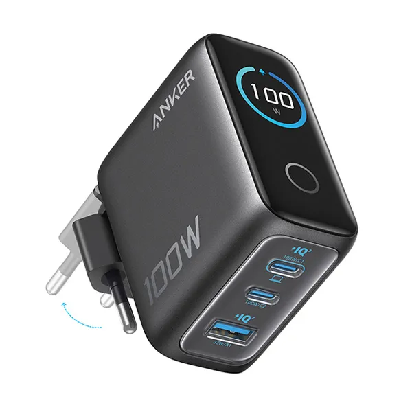 מטען קיר עוצמתי 3 יציאות Anker Wall Charger 100W בצבע שחור